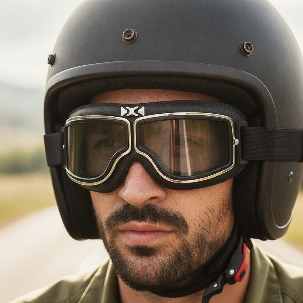 retro motorcycle goggles in use, lifestyle scene