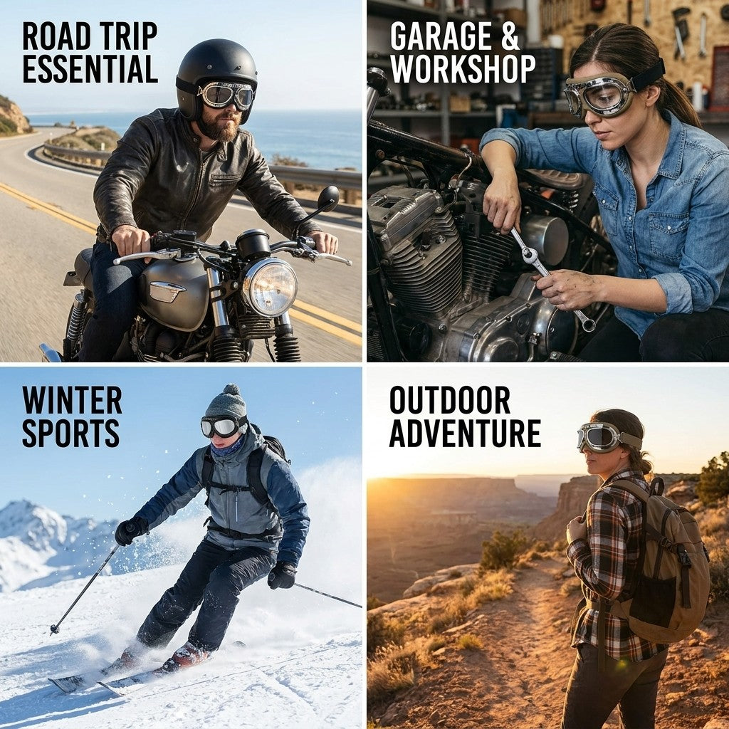 Motorcycle Goggles, Retro UV-Protection Shockproof Adjustable Aviator Style for Open Face Helmets benefits