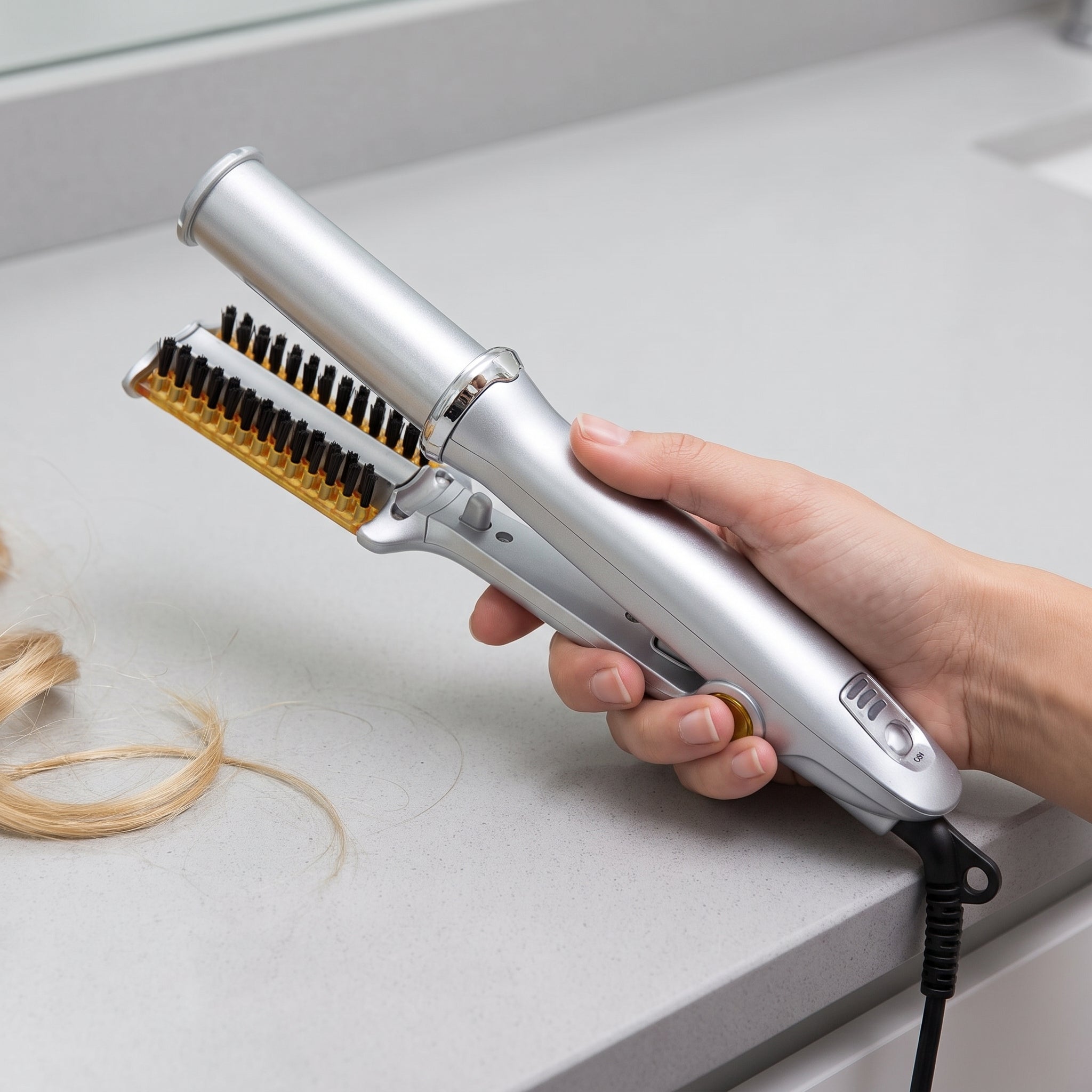Hair Curler Heated Styler Rotating Barrel Brush Silver Gold Black - scale
