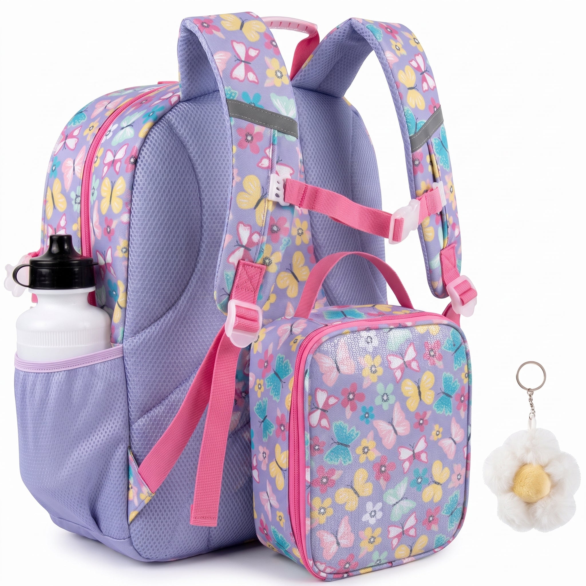 Kids Backpack Girls with Lunch Bag Purple Butterfly Set - angle