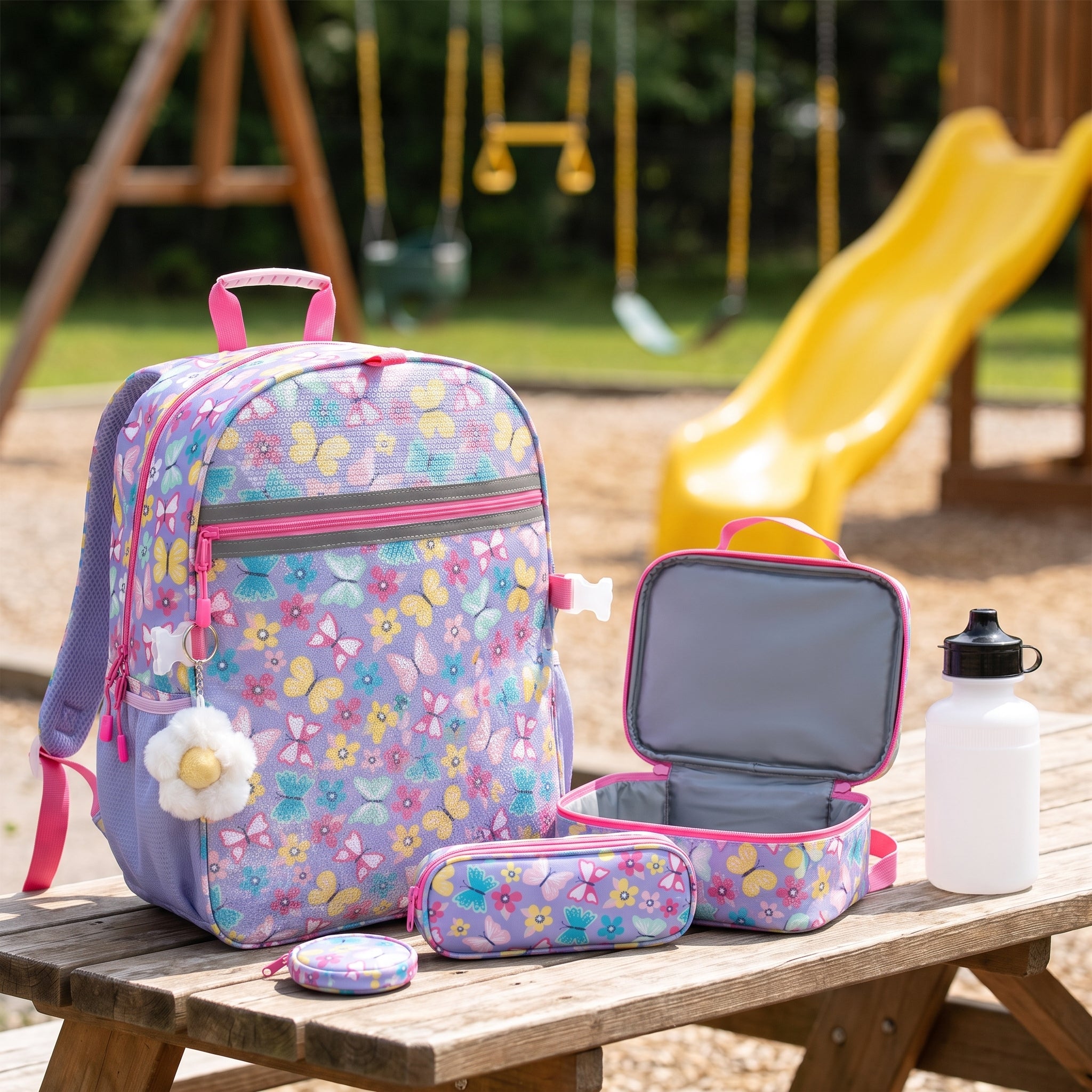 Kids Backpack Girls with Lunch Bag Purple Butterfly Set - hero