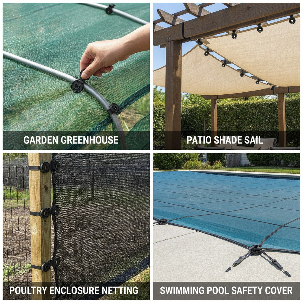 shade cloth clips shown in multiple settings