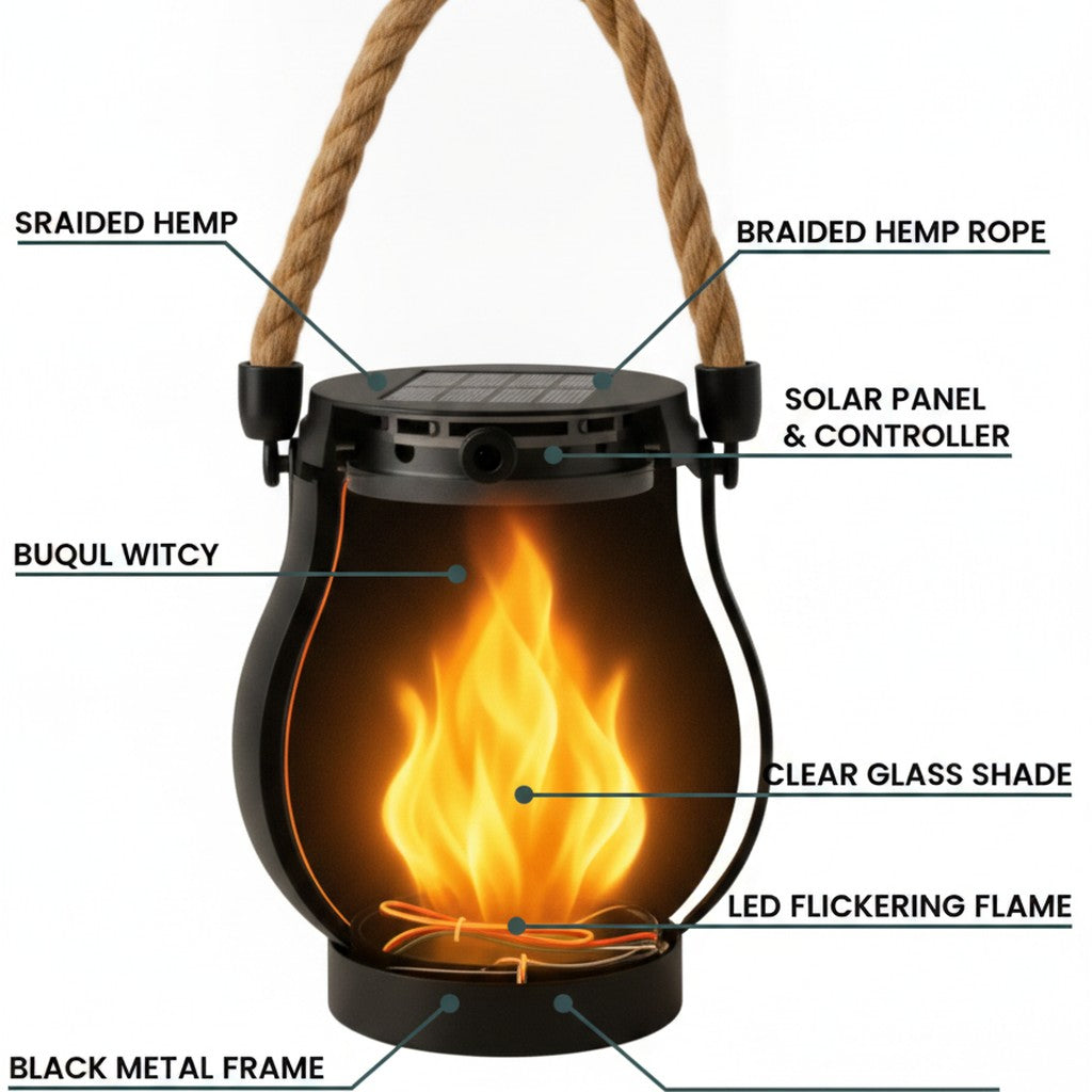 solar flame lantern close-up construction and materials