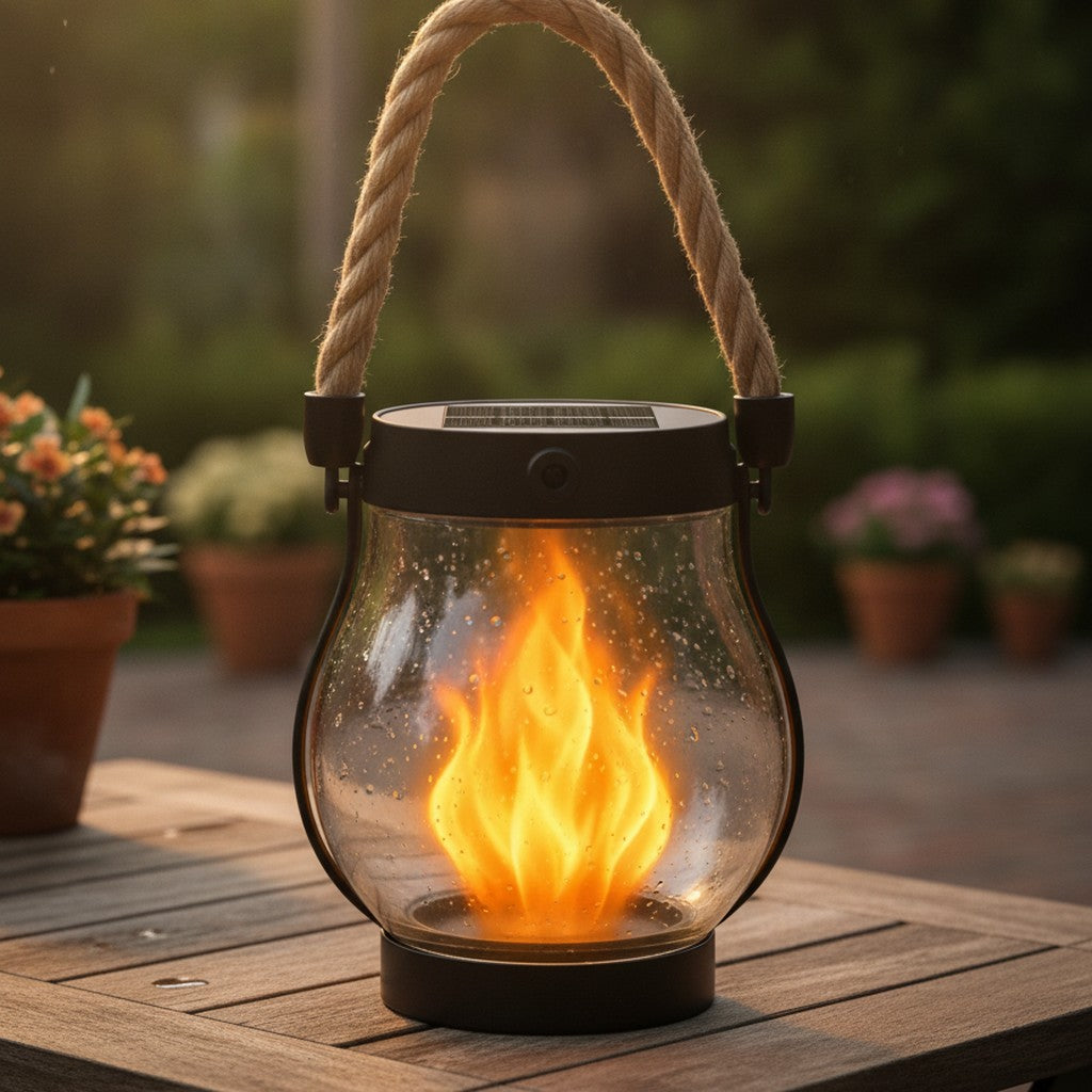solar flame lantern in use, lifestyle scene