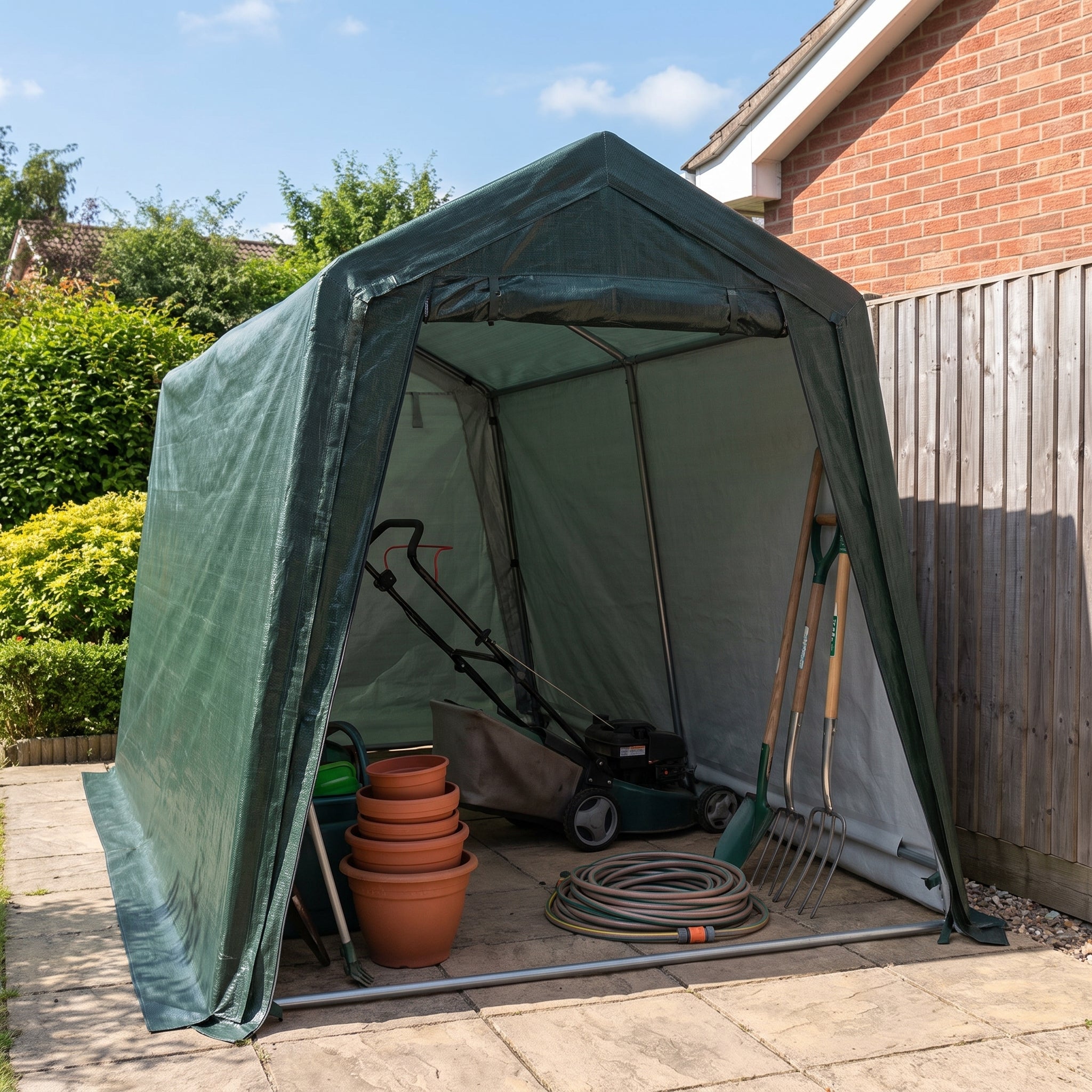 Dark Green Canopy Tent Outdoor Storage 10x10 Portable Garage - in-use