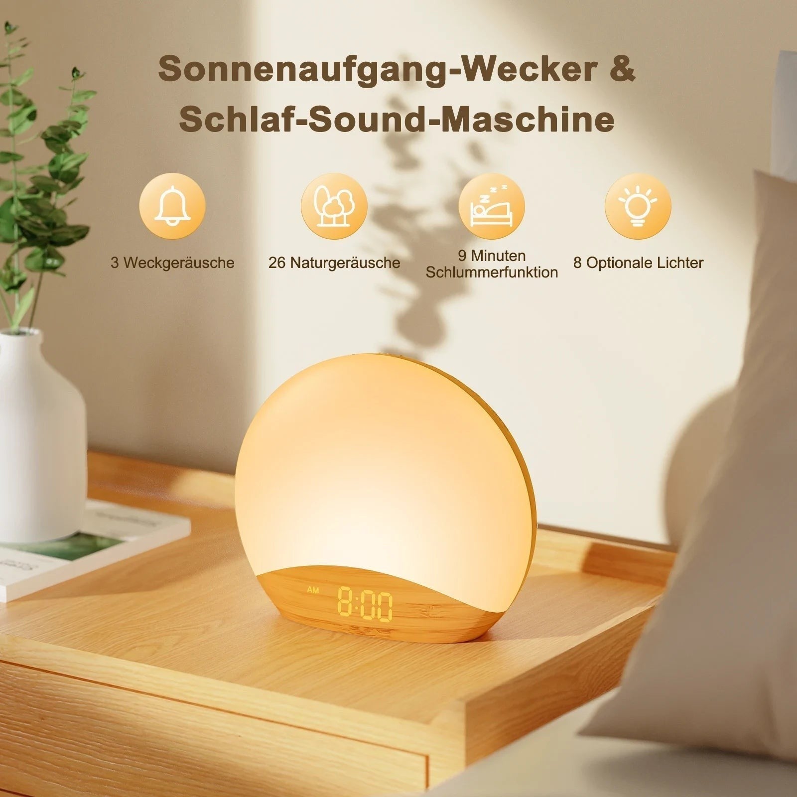 Sunrise Alarm Clock in Wood Grain with Sound Machine, 26 Sleep Sounds & Night Light — image 1