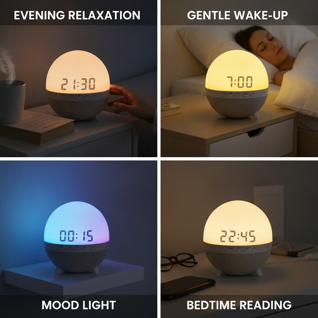 sunrise alarm clock shown in multiple settings