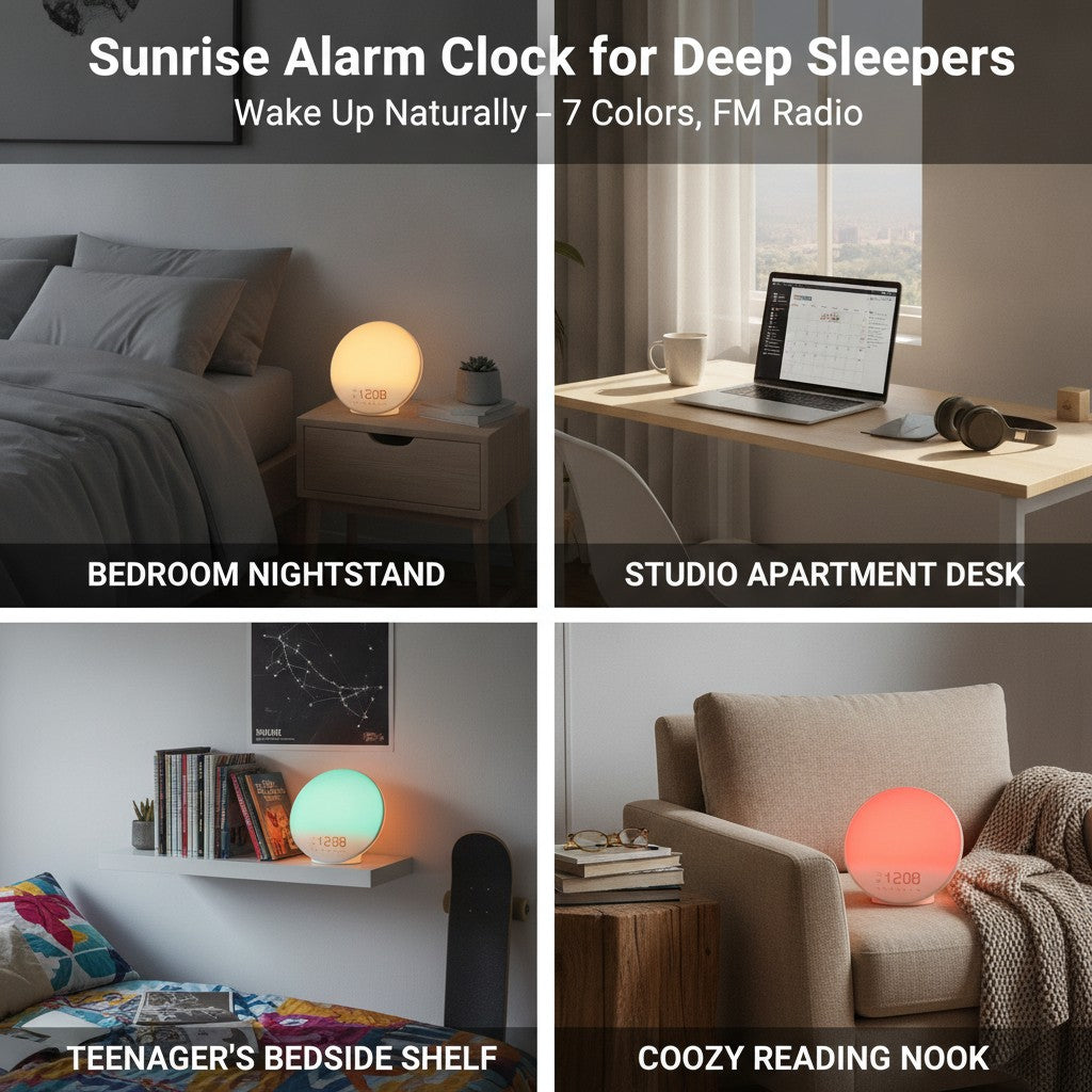 sunrise alarm clock shown in multiple settings