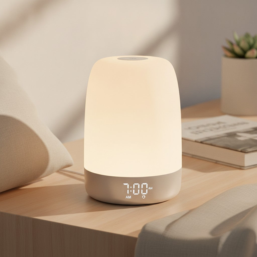 sunrise alarm clock lamp in use, lifestyle scene