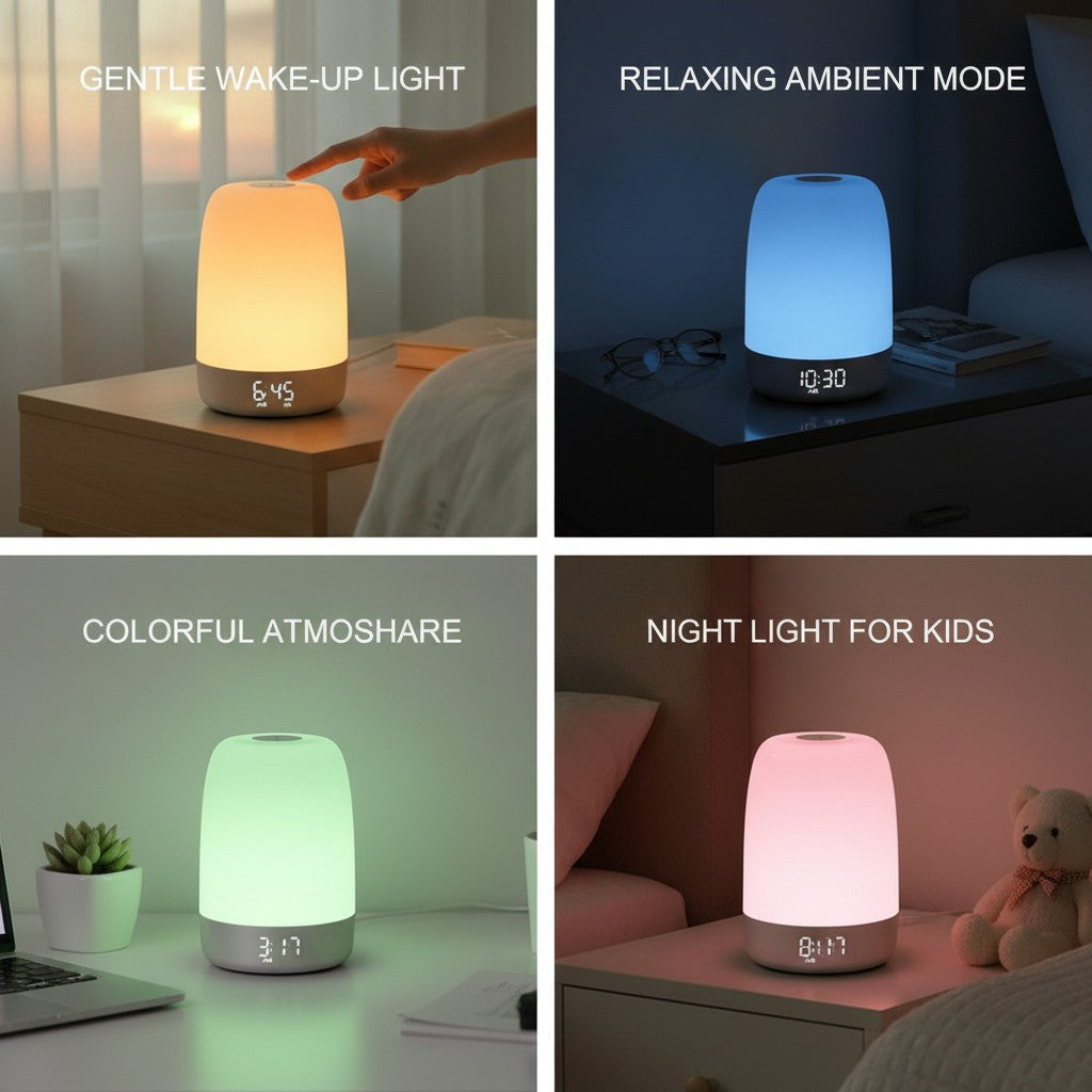 sunrise alarm clock lamp shown in multiple settings