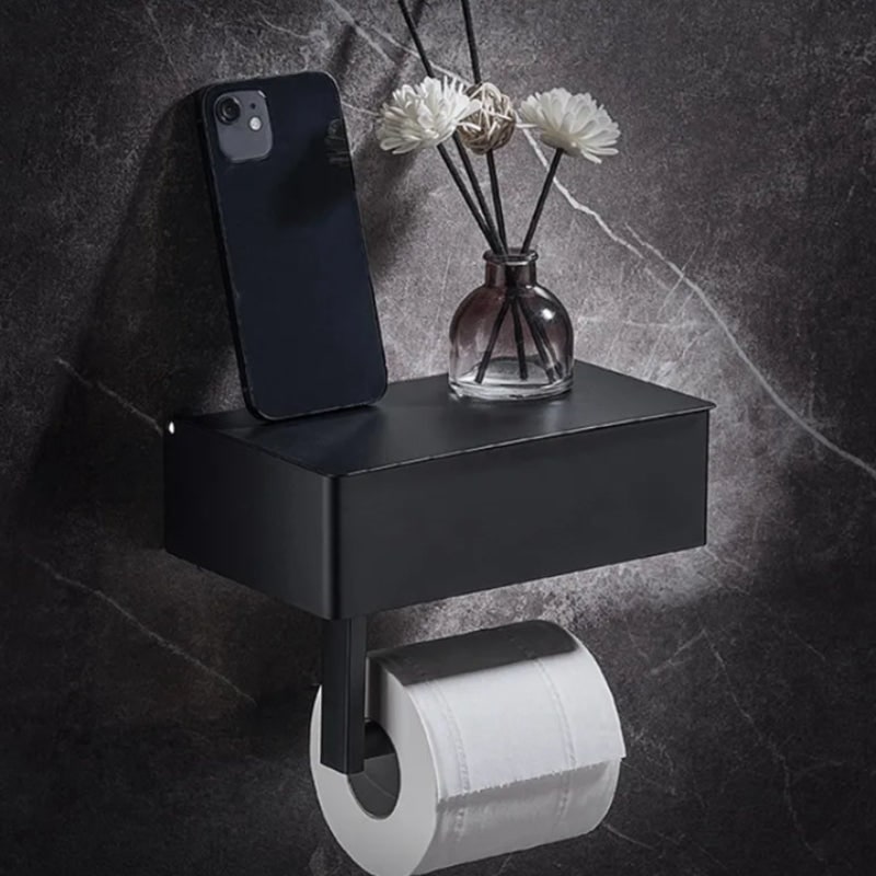 Toilet Paper Holder Wall Mount Toilet Paper Holder Shelf Matte Black - Image 1
