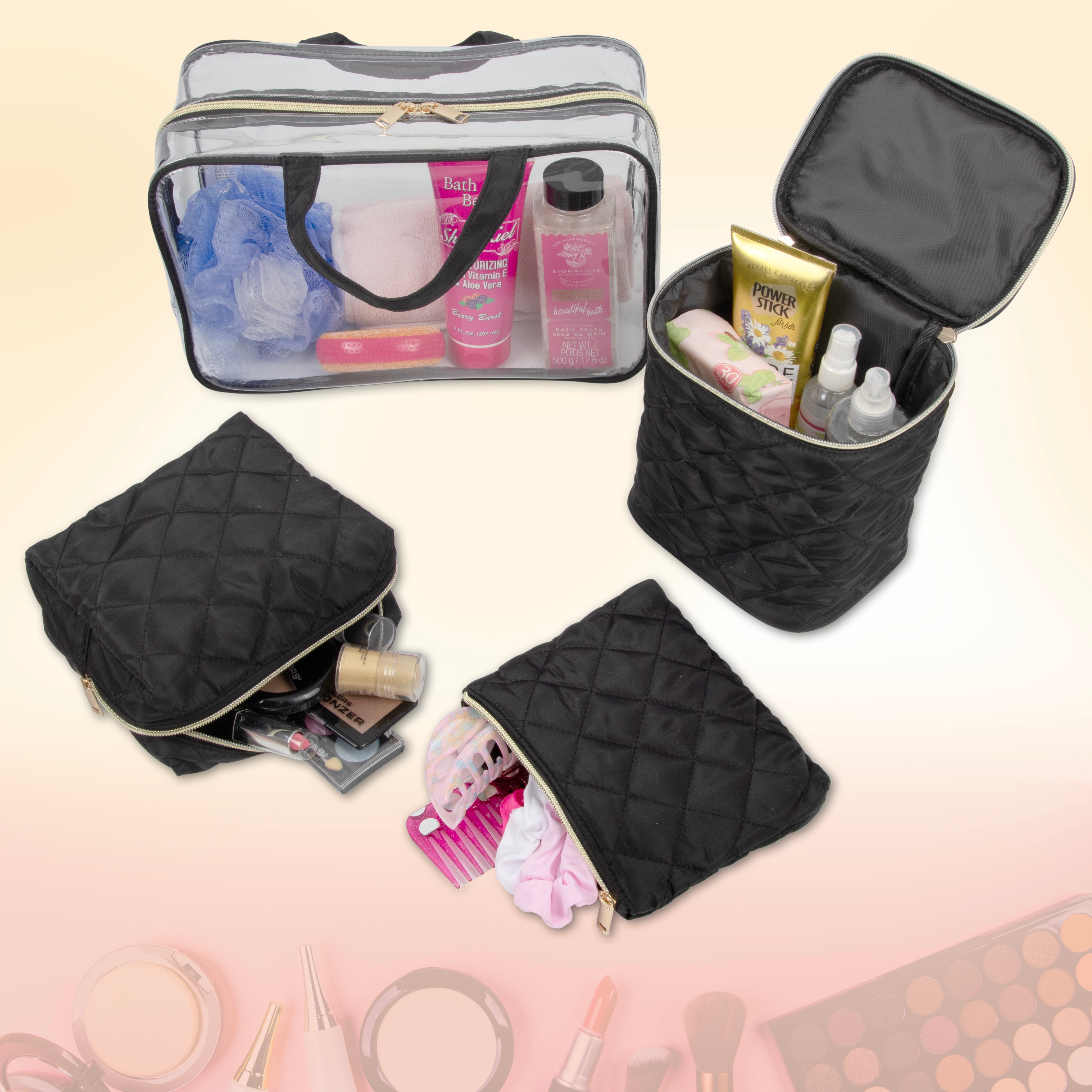 Travel Bag Cosmetic Organizer Clear Black Quilted Makeup Case Set - Image 3
