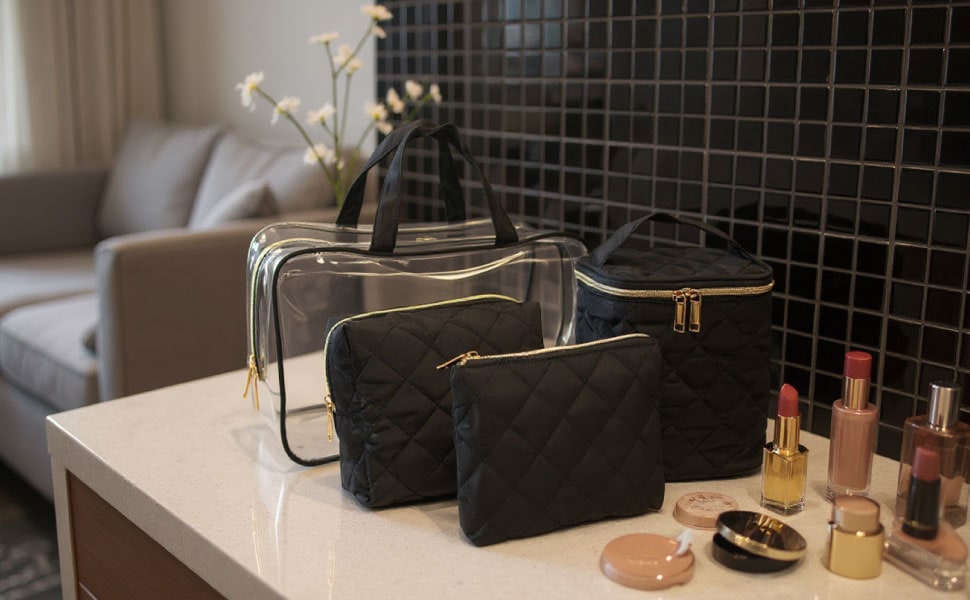 Travel Bag Cosmetic Organizer Clear Black Quilted Makeup Case Set - Image 4