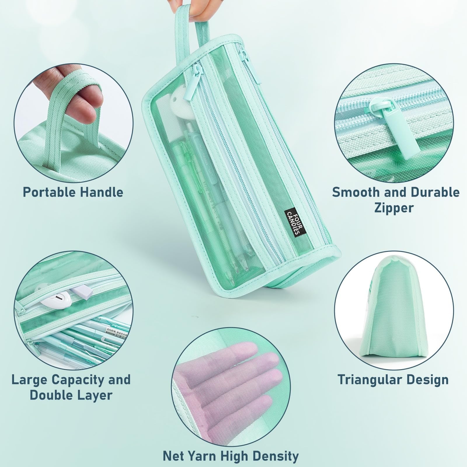 Travel Bag Cute Pen Case Mint Green Mesh Double Layer Zippered Pouch - Image 3