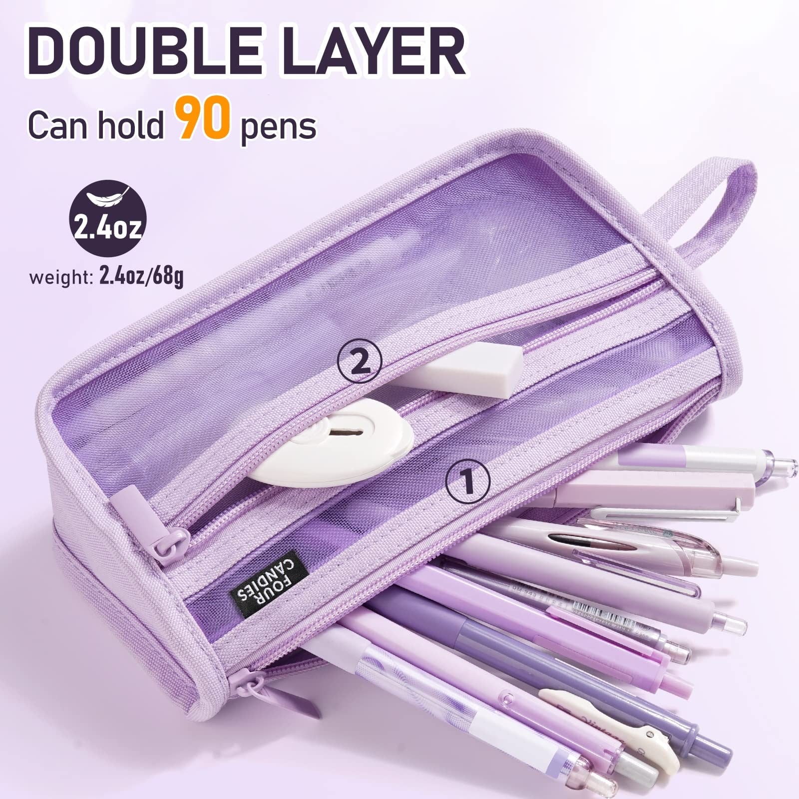 Travel Bag Cute Pen Case Mint Green Mesh Double Layer Zippered Pouch - Image 4