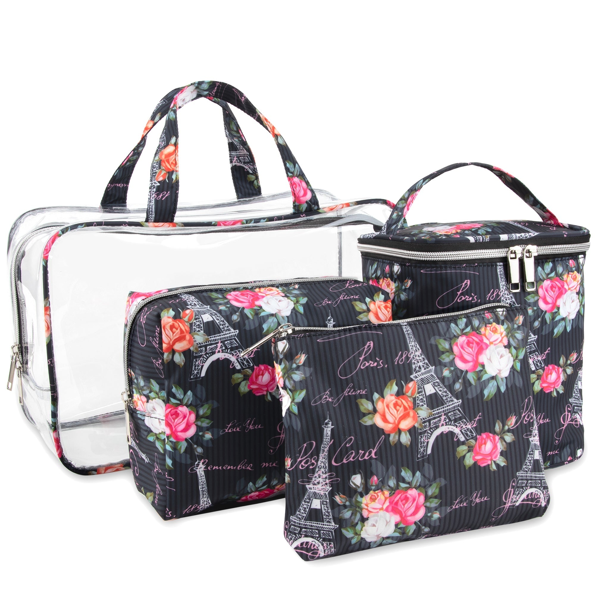 Travel Bag Makeup Cosmetic Set Clear Black Floral 4 Piece - Image 1