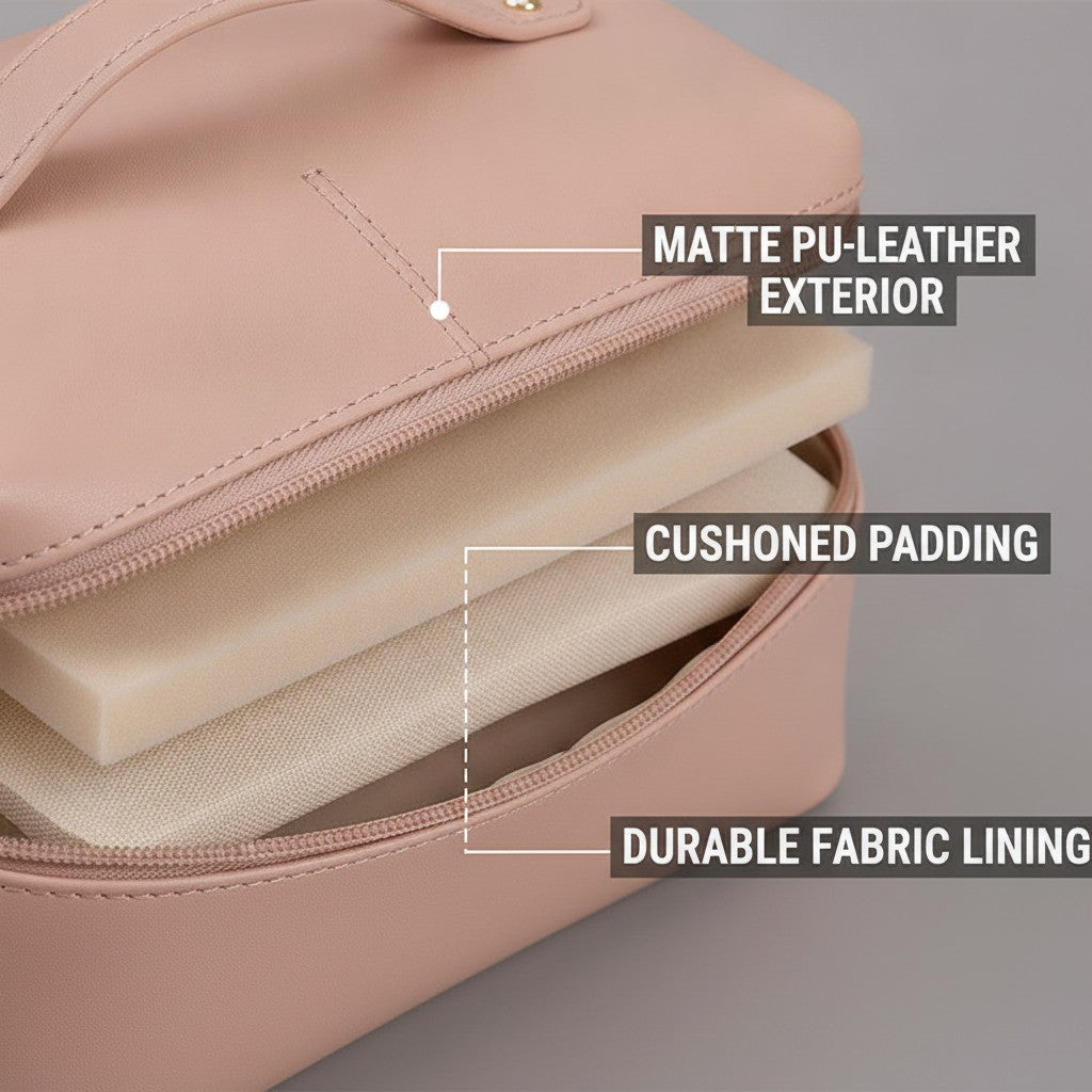 travel cosmetic bag close-up construction and materials
