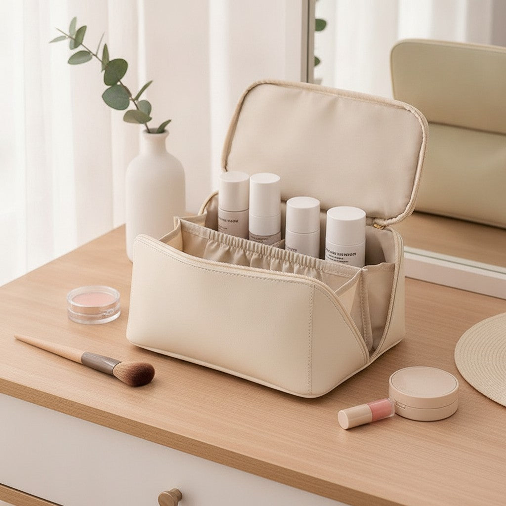 travel cosmetic bag in use, lifestyle scene