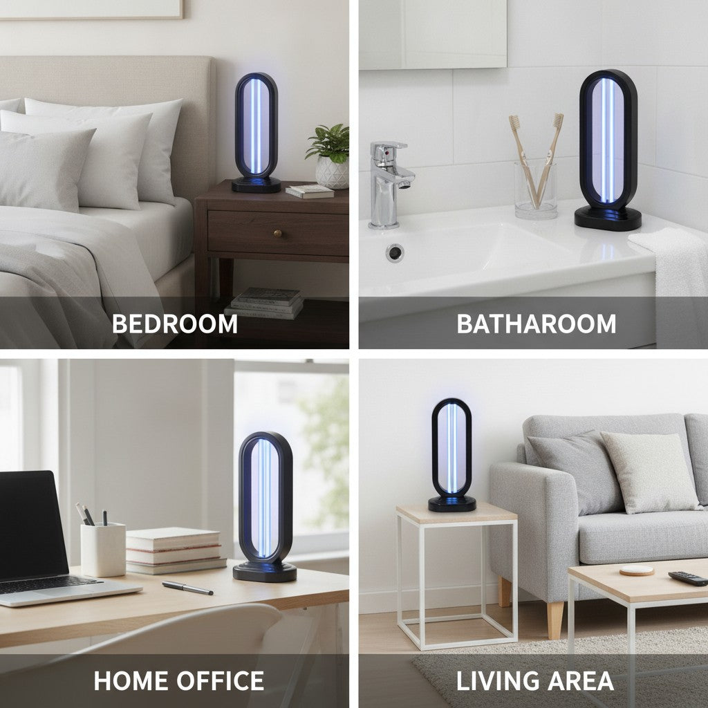 uv sanitizer lamp shown in multiple settings