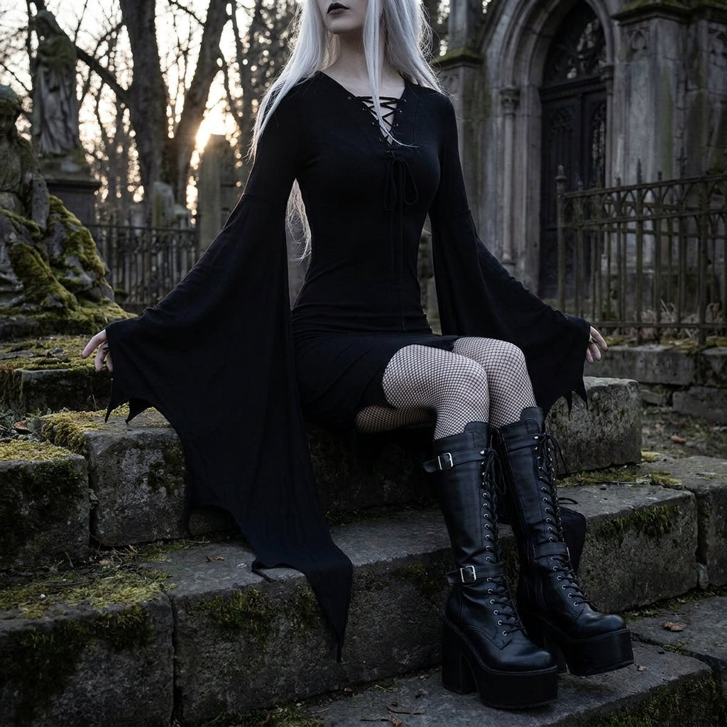 Halloween Costume Gothic Party Dress Women Mini Bell Sleeve - Image 2