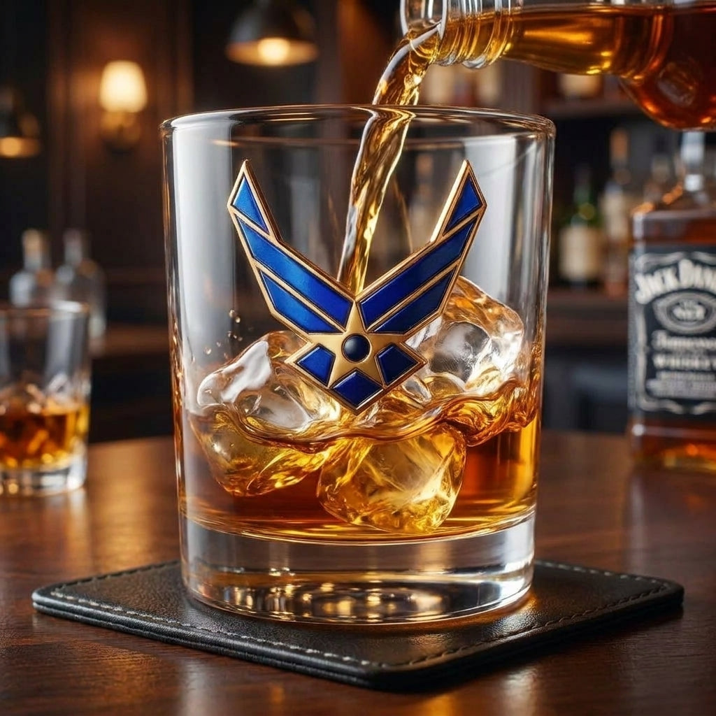 Whiskey Glass Drinking Glass Veteran Gift Embossed Gold Design - Image 1