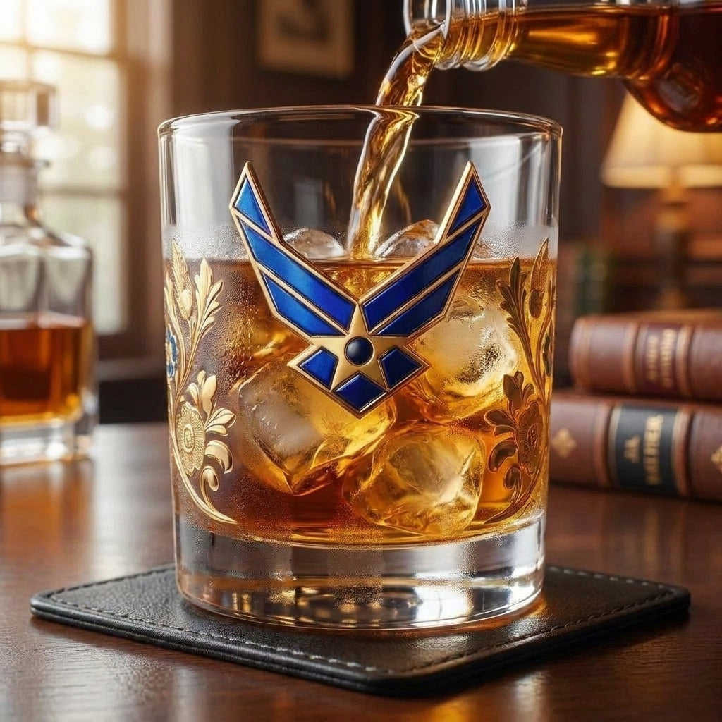 Whiskey Glass Drinking Glass Veteran Gift Embossed Gold Design - Image 2