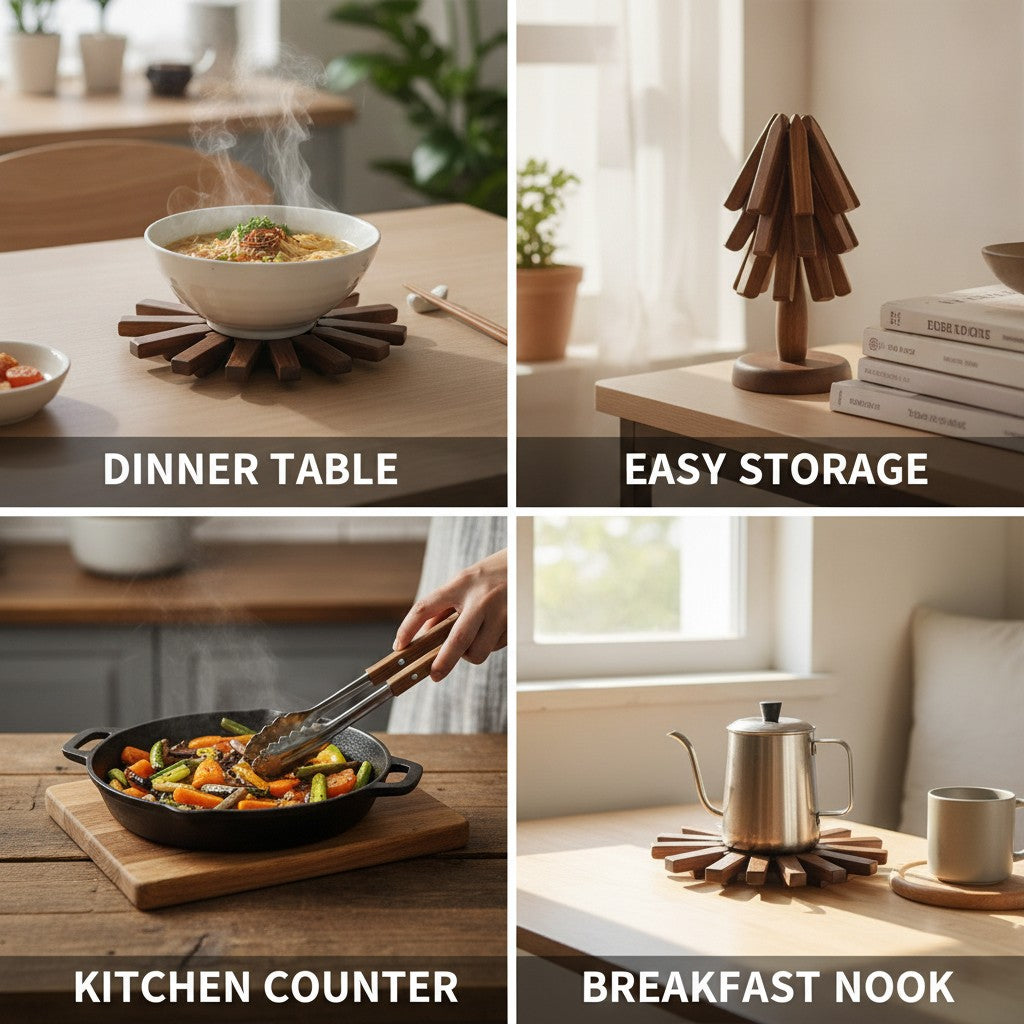 folding walnut wood trivet shown in multiple settings