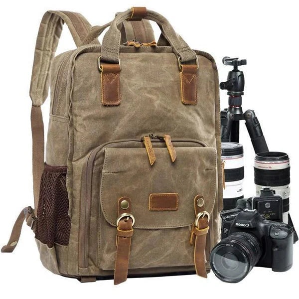 Waterproof Waxed Canvas Camera Backpack With Laptop Compartment And Tripod Strap - Image 1