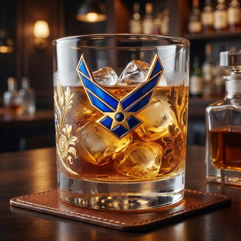 Whiskey Glass Drinking Glass Veteran Gift Embossed Gold Design - Image 3