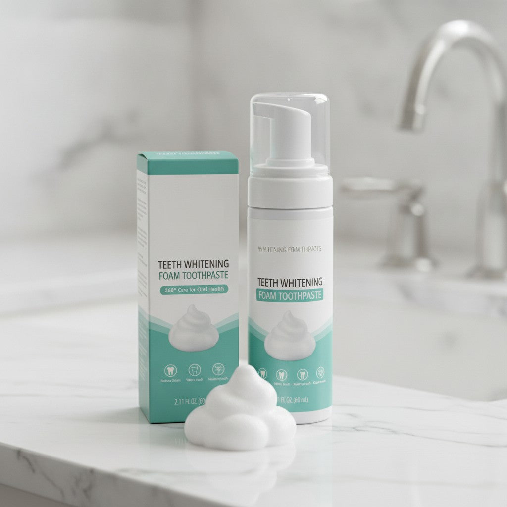 whitening foam toothpaste in use, lifestyle scene