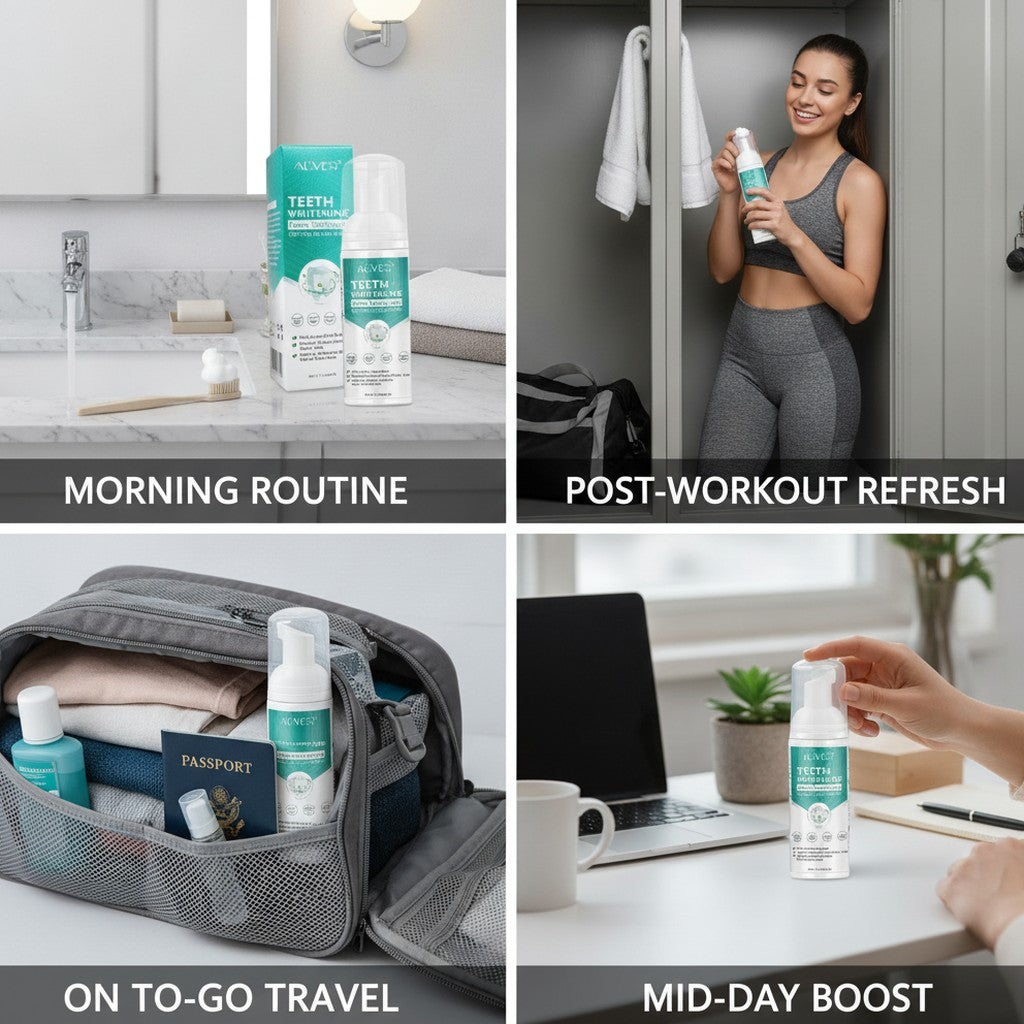 whitening foam toothpaste shown in multiple settings