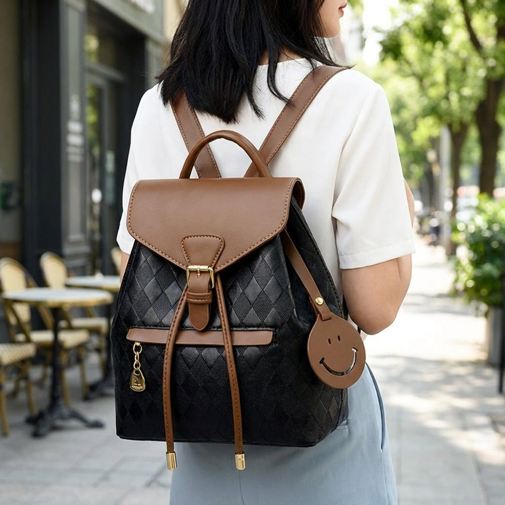 Women's Backpack Stylish Fashion Drawstring Flap Closure Smiley Charm - hero