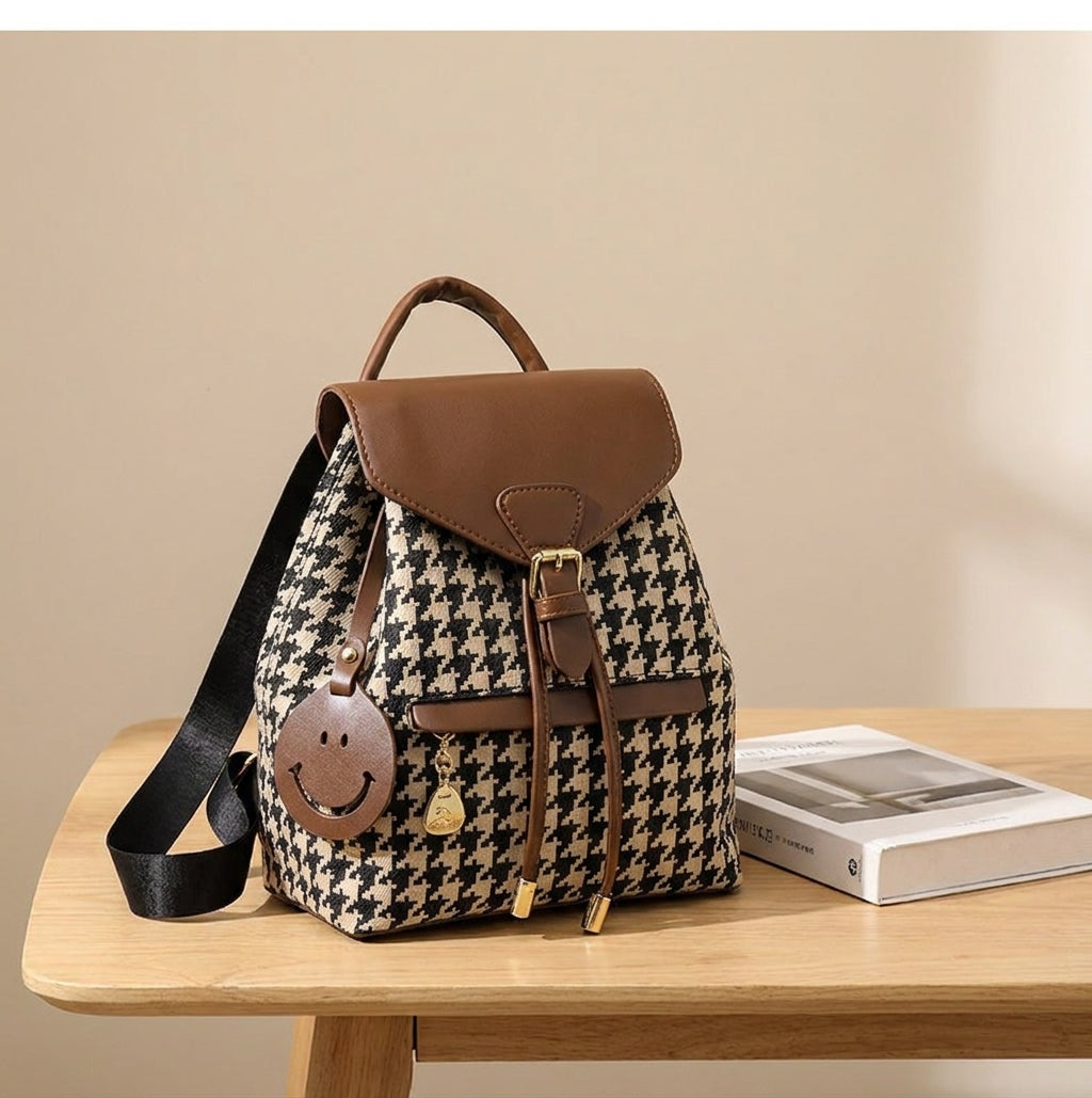 Women's Backpack Stylish Fashion Drawstring Flap Closure Smiley Charm - scale