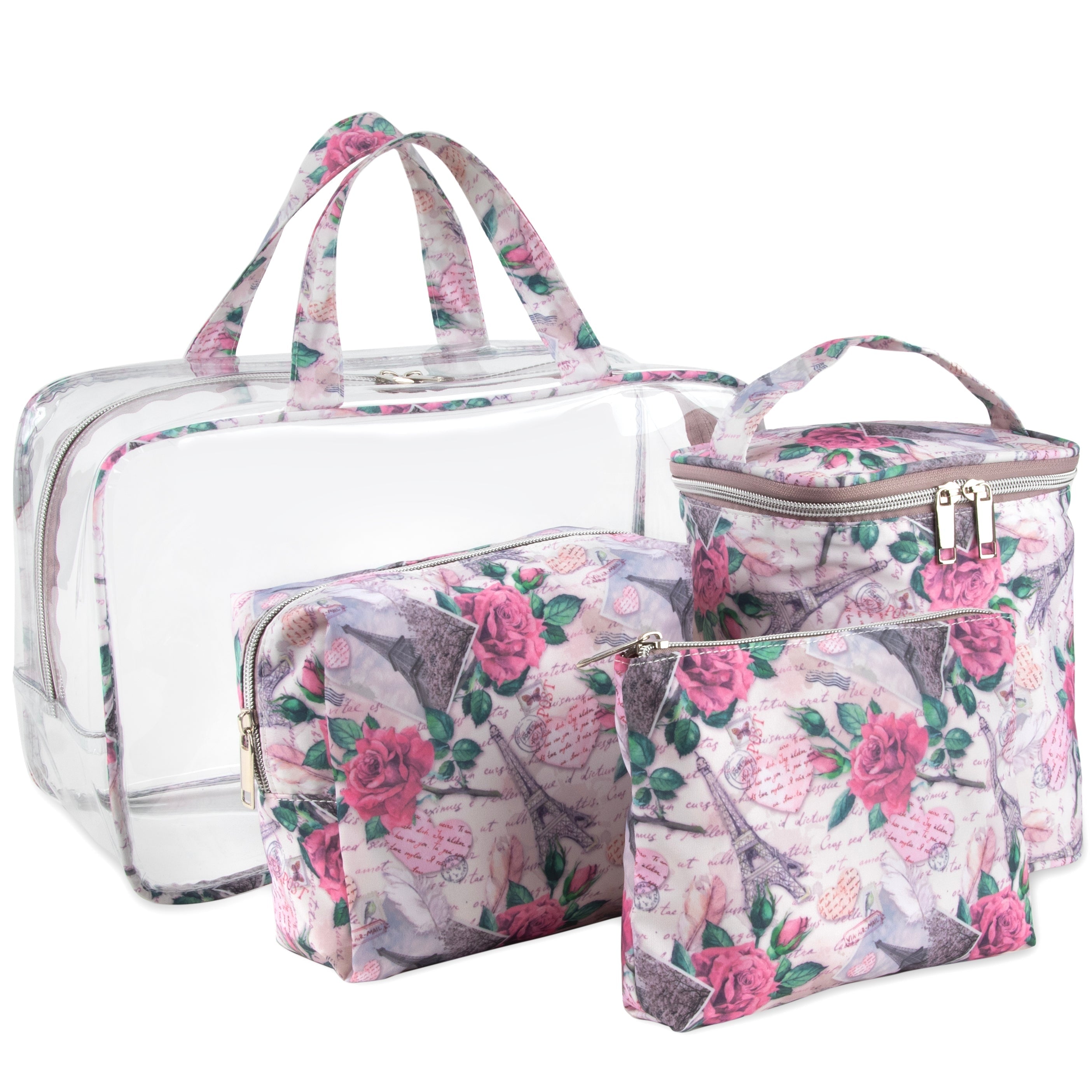 Women's Cosmetic Travel Bag Set Pink Floral Paris Theme - Image 1