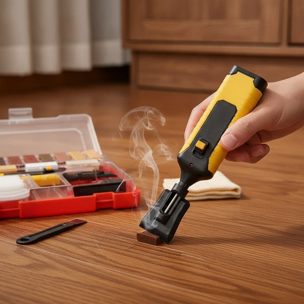 wood repair wax kit in use, lifestyle scene