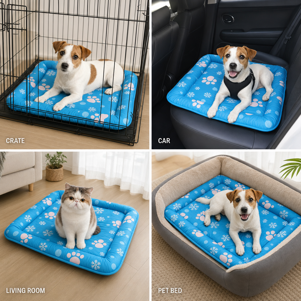 Dog Cooling Mat, Paw Print Padded Cushion, Breathable Ice Silk Pet Pad