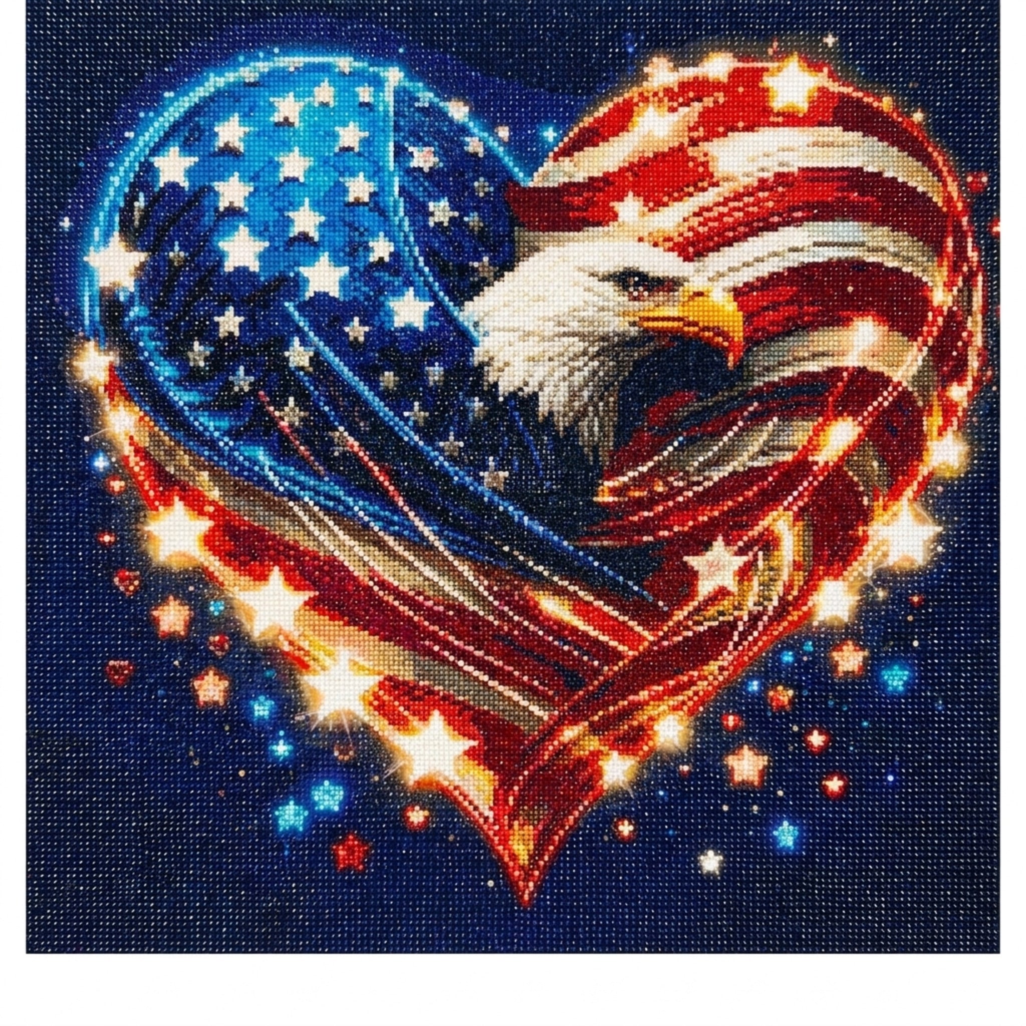 Finished American flag heart diamond painting made with round diamonds