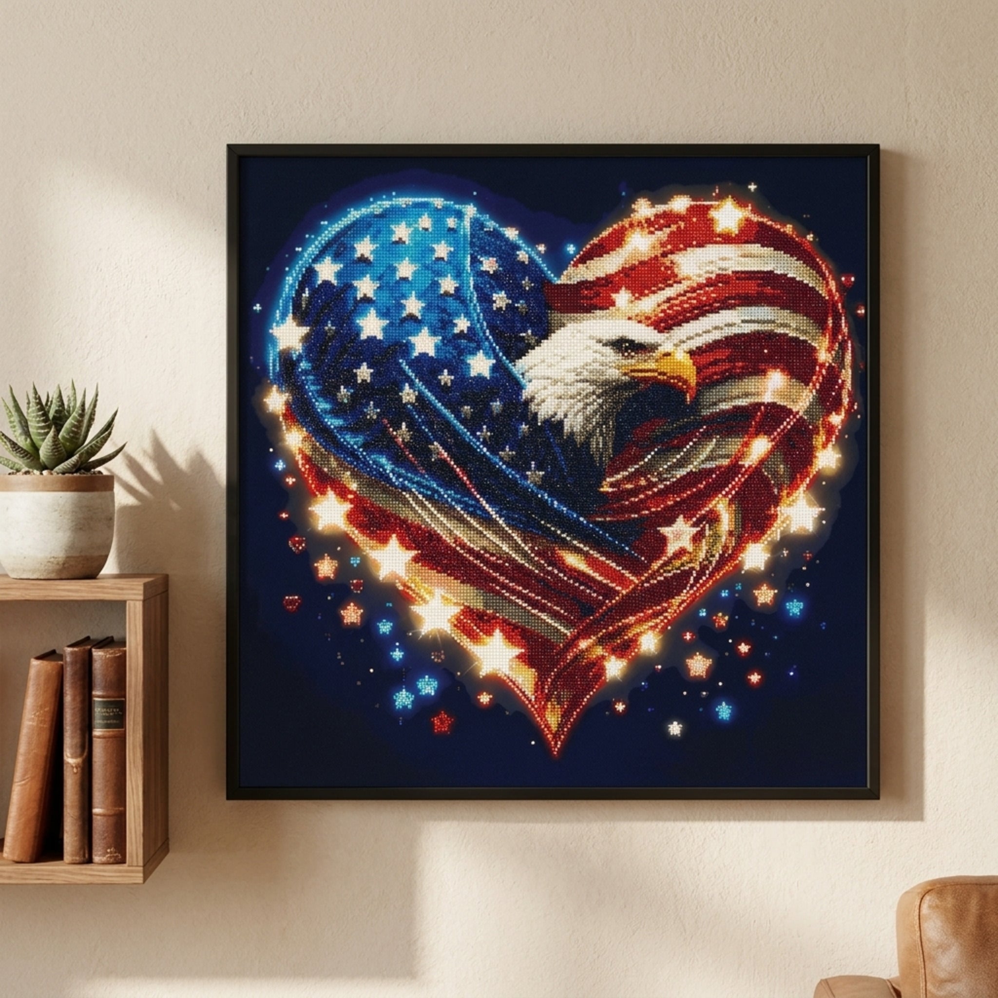 American flag heart diamond painting framed on a wall