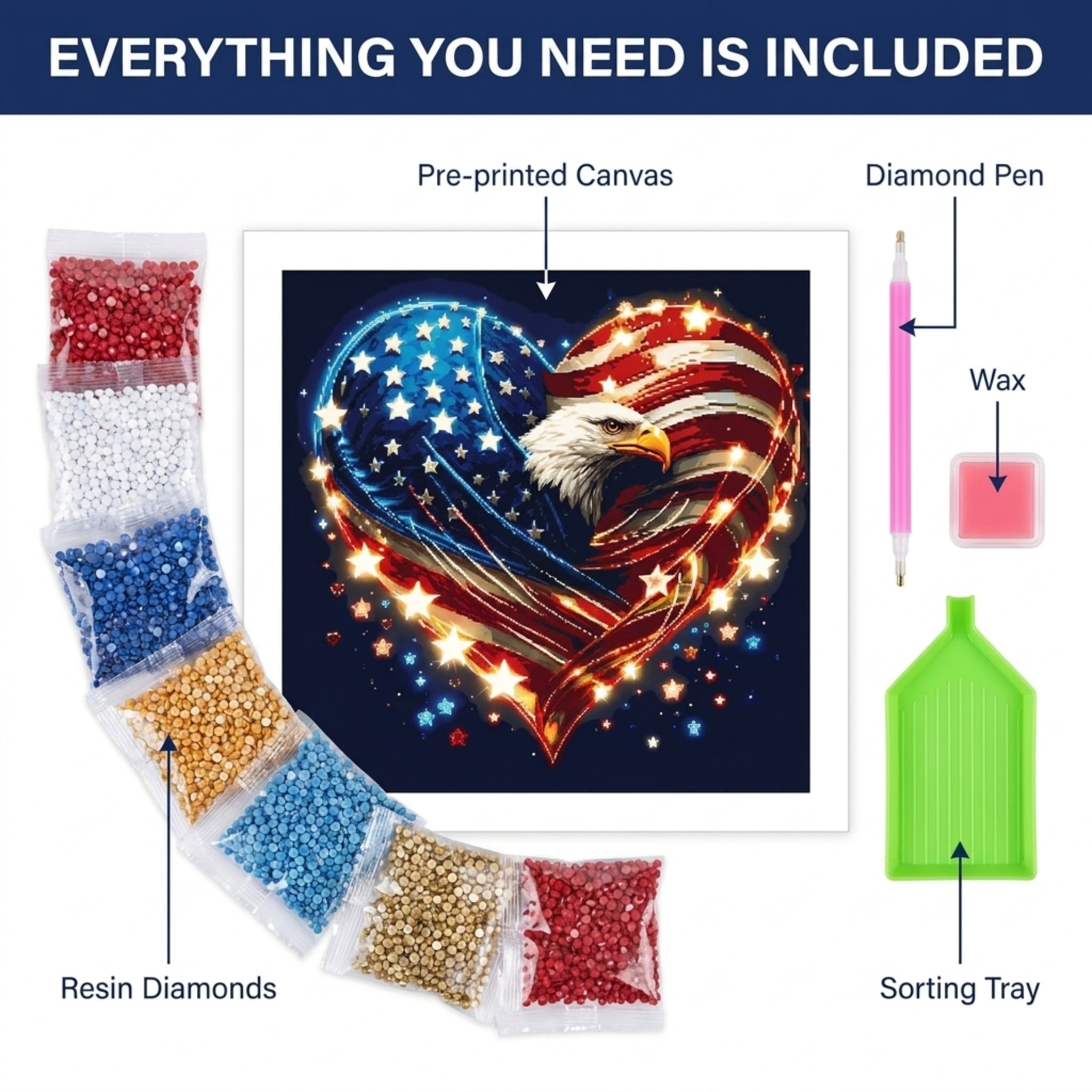 Everything included - canvas, round diamonds, applicator pen, wax, sorting tray