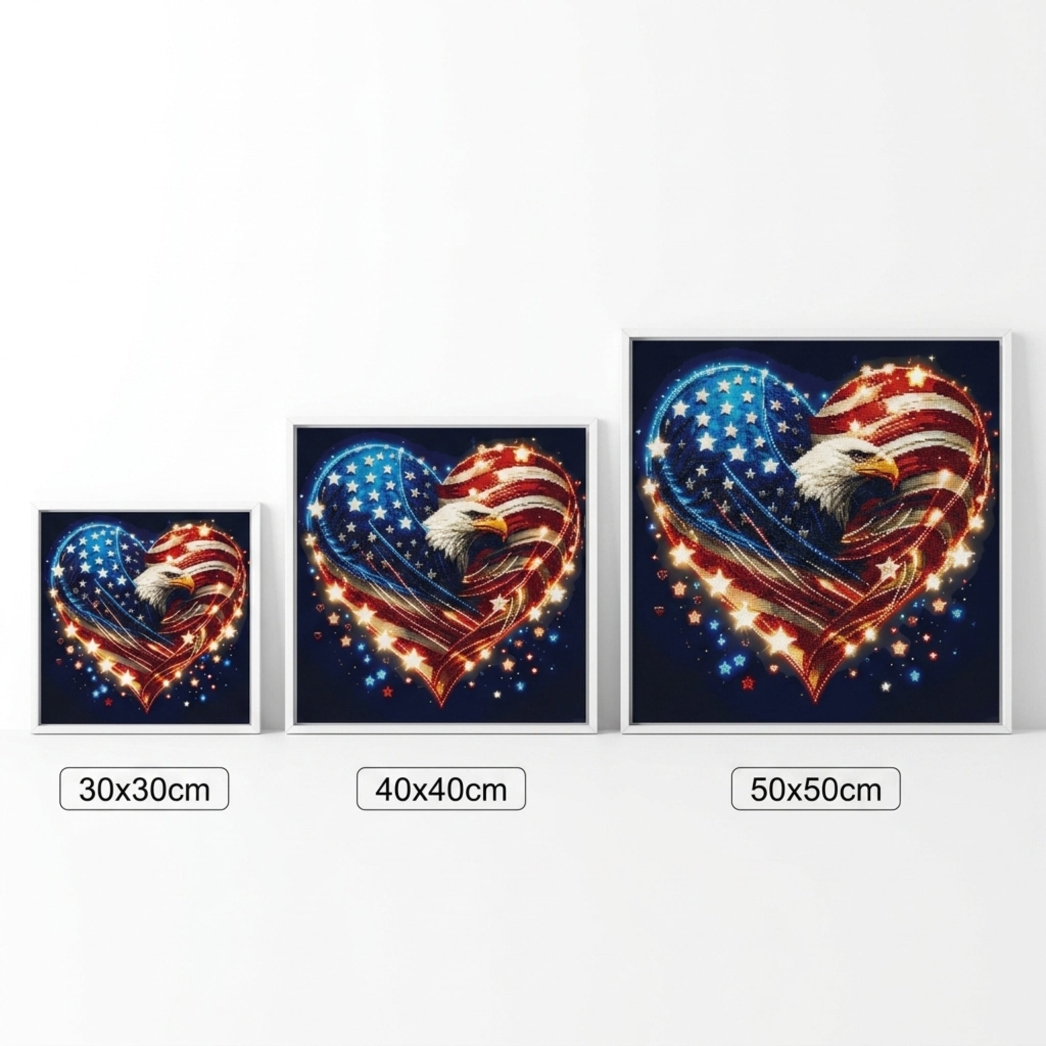 American flag heart diamond painting size comparison 30x30, 40x40, 50x50 cm