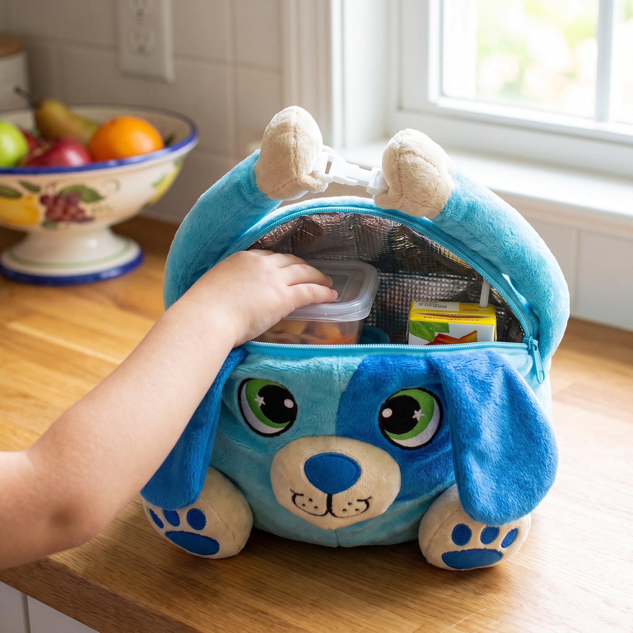 Insulated Lunch Bag Childrens Plush Animal Machine Washable - in-use