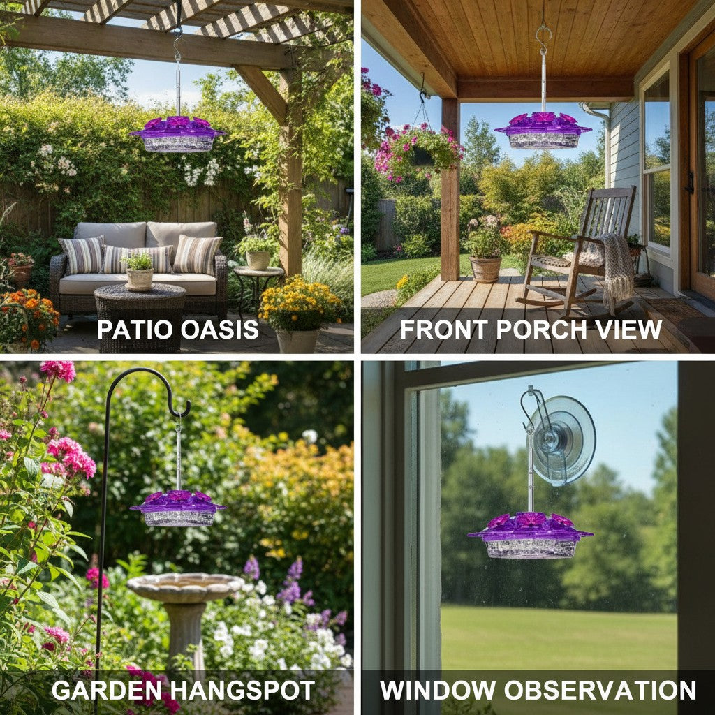 hummingbird nectar feeder shown in multiple settings