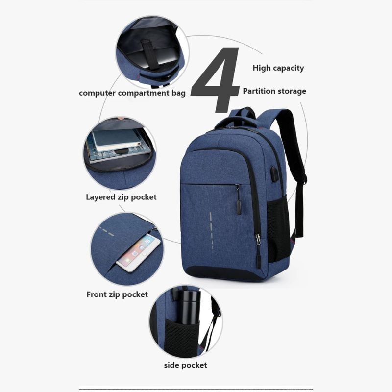 Backpack Laptop Bag USB Port Travel Commuter Reflective - Image 10