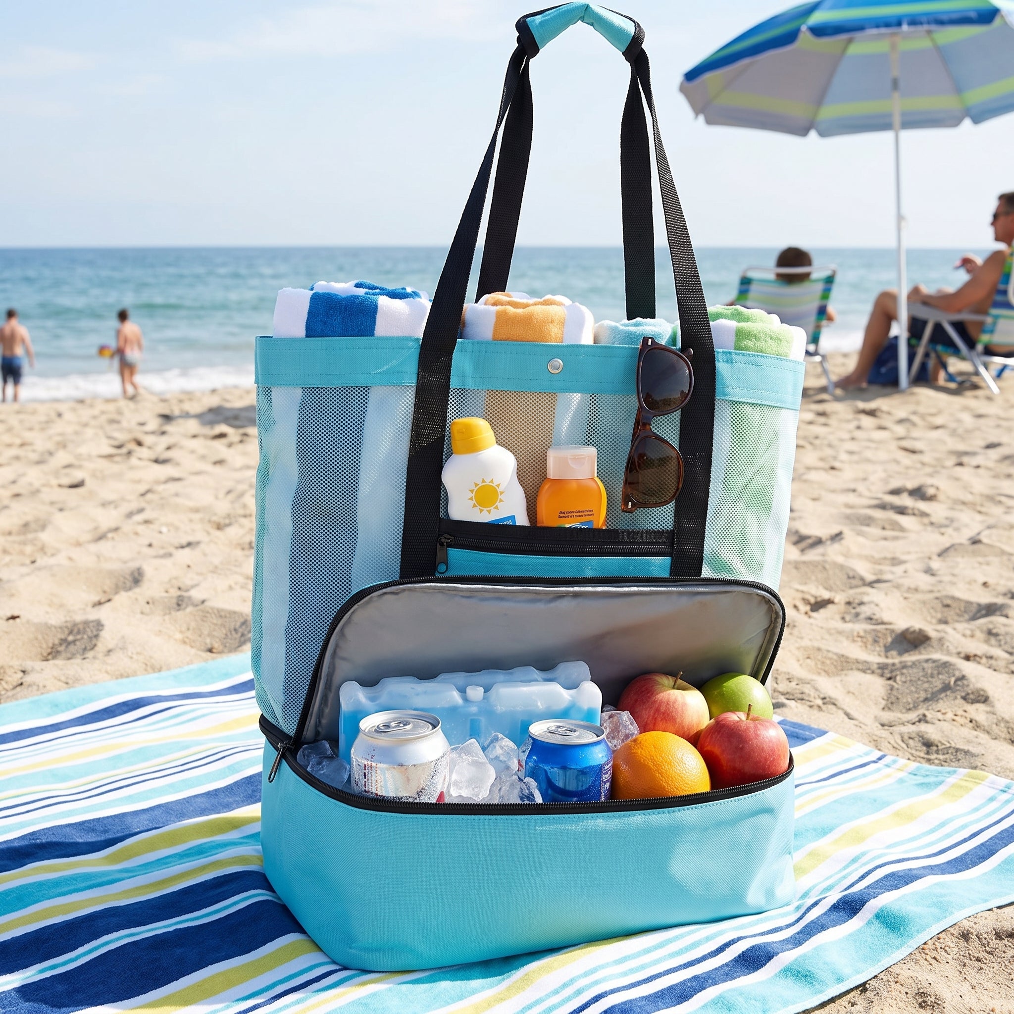 Portable Cooler Soft Lunch Bag Mesh Insulated Beach Tote - in-use
