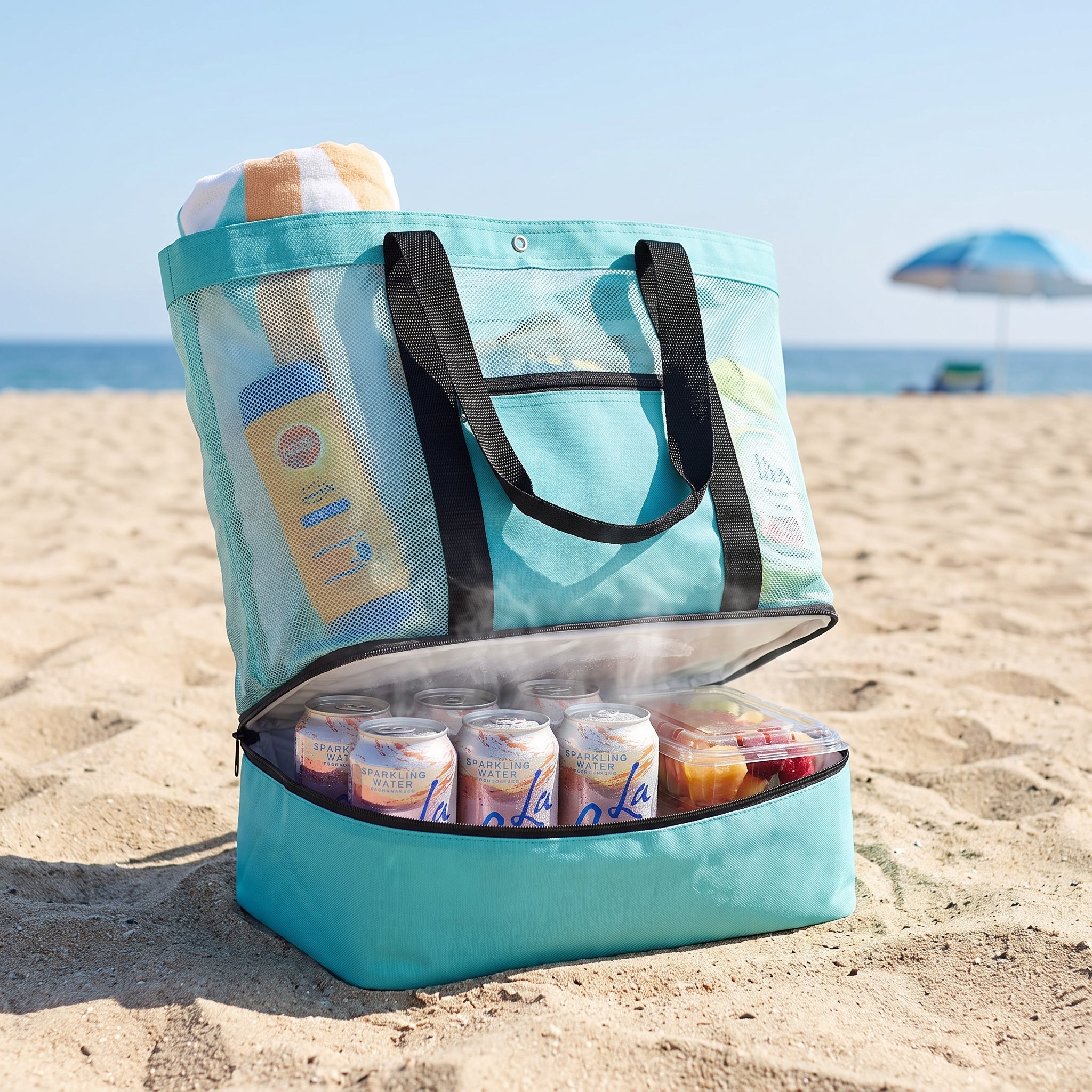 Lunch Bag Insulated Beach with Cooler 2 Compartment - in-use