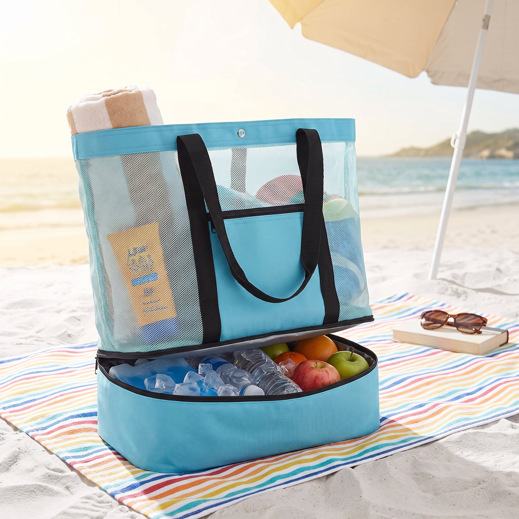 Lunch Bag Insulated Beach with Cooler 2 Compartment - in-use
