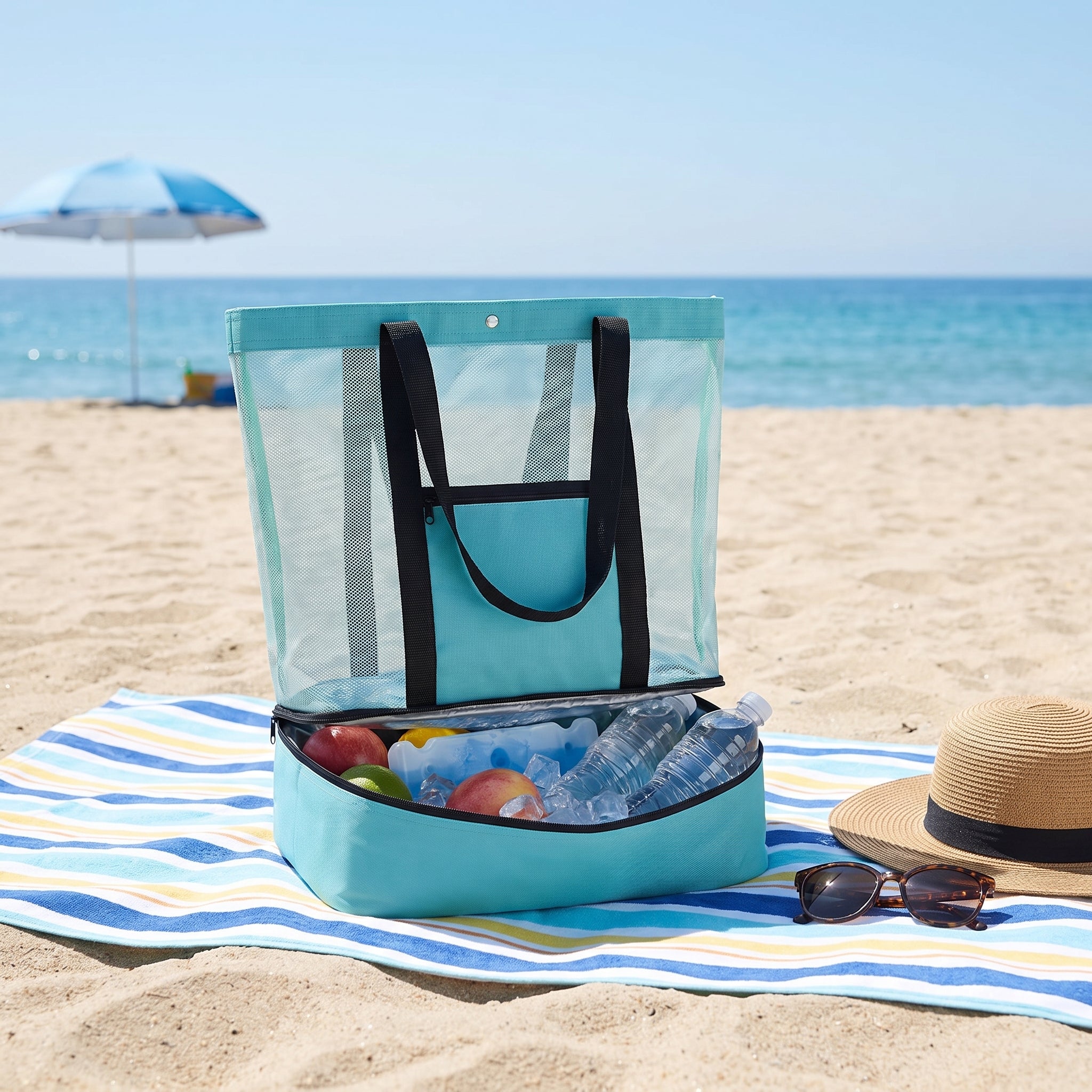Portable Cooler Soft Lunch Bag Mesh Insulated Beach Tote - in-use