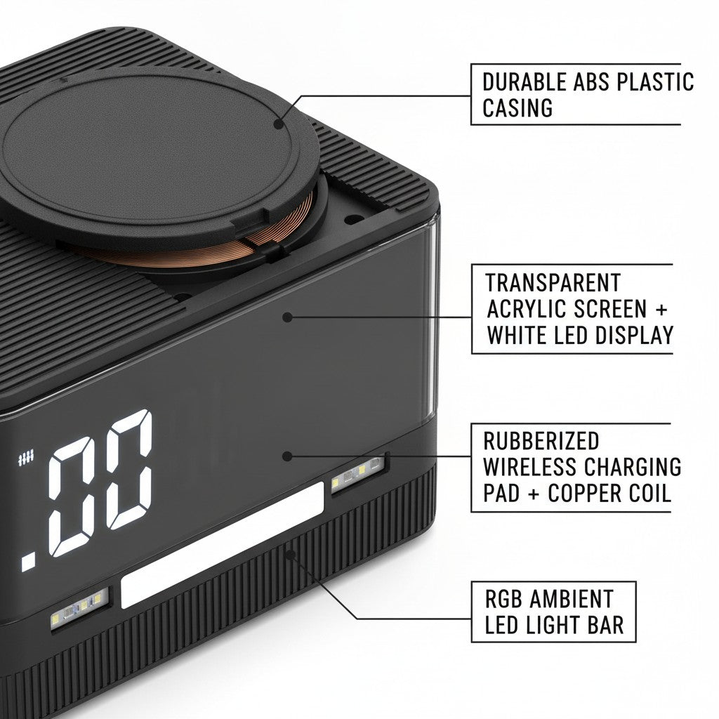 bedside charging station clock close-up construction and materials