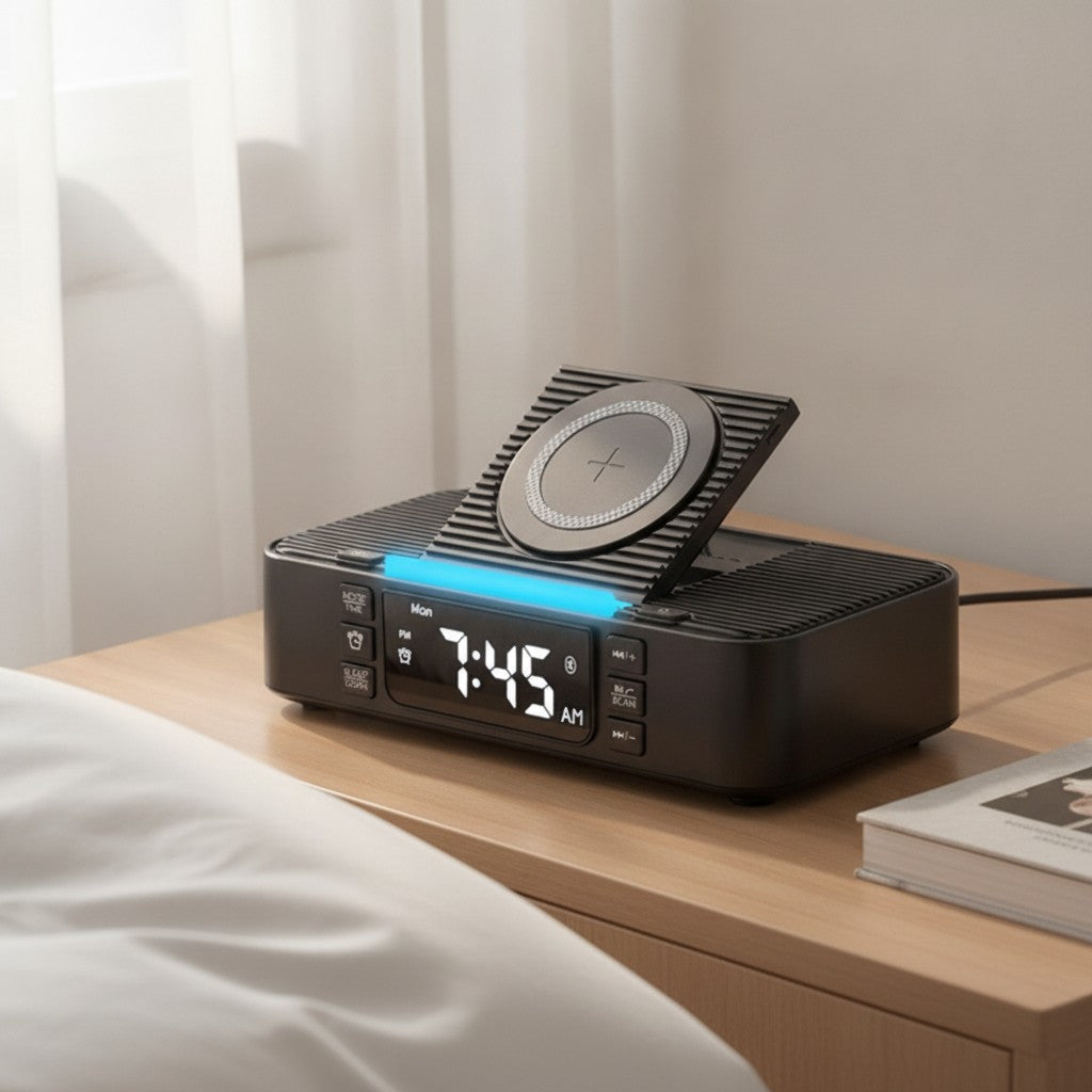 bedside charging station clock in use, lifestyle scene