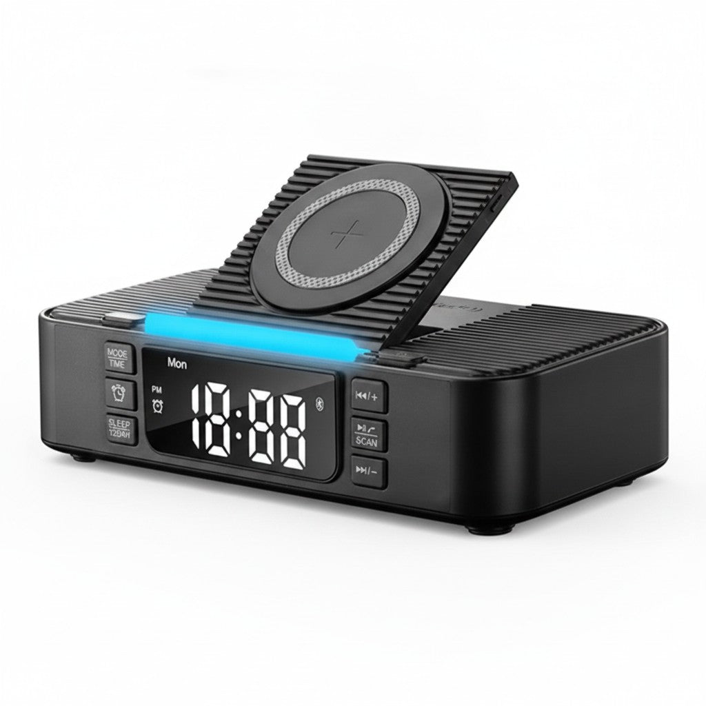 bedside charging station clock product photo on white background
